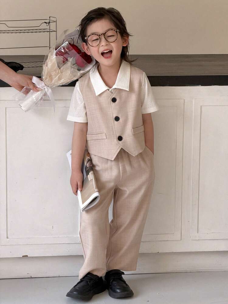 Young Boy Single-Breasted Vest Top And Elastic Waist Wide Leg Pants Fashion Suit Set, Suitable For Performance, Hosting, Parties And Multiple Occasions