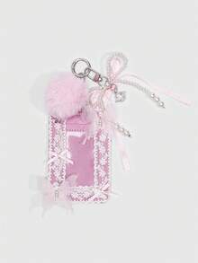 Sweetness 1个甜美粉色蝴蝶结卡包，女孩心形卡包，支持蕾丝蝴蝶结网眼钥匙扣包挂件，情人节返校音乐节礼物 - 粉色 - 查看 8