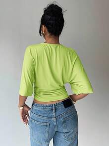 Aloruh Solid Color Batwing Sleeve Cropped Short Sleeve Top, Fitted, Versatile For Summer - Green - View 2