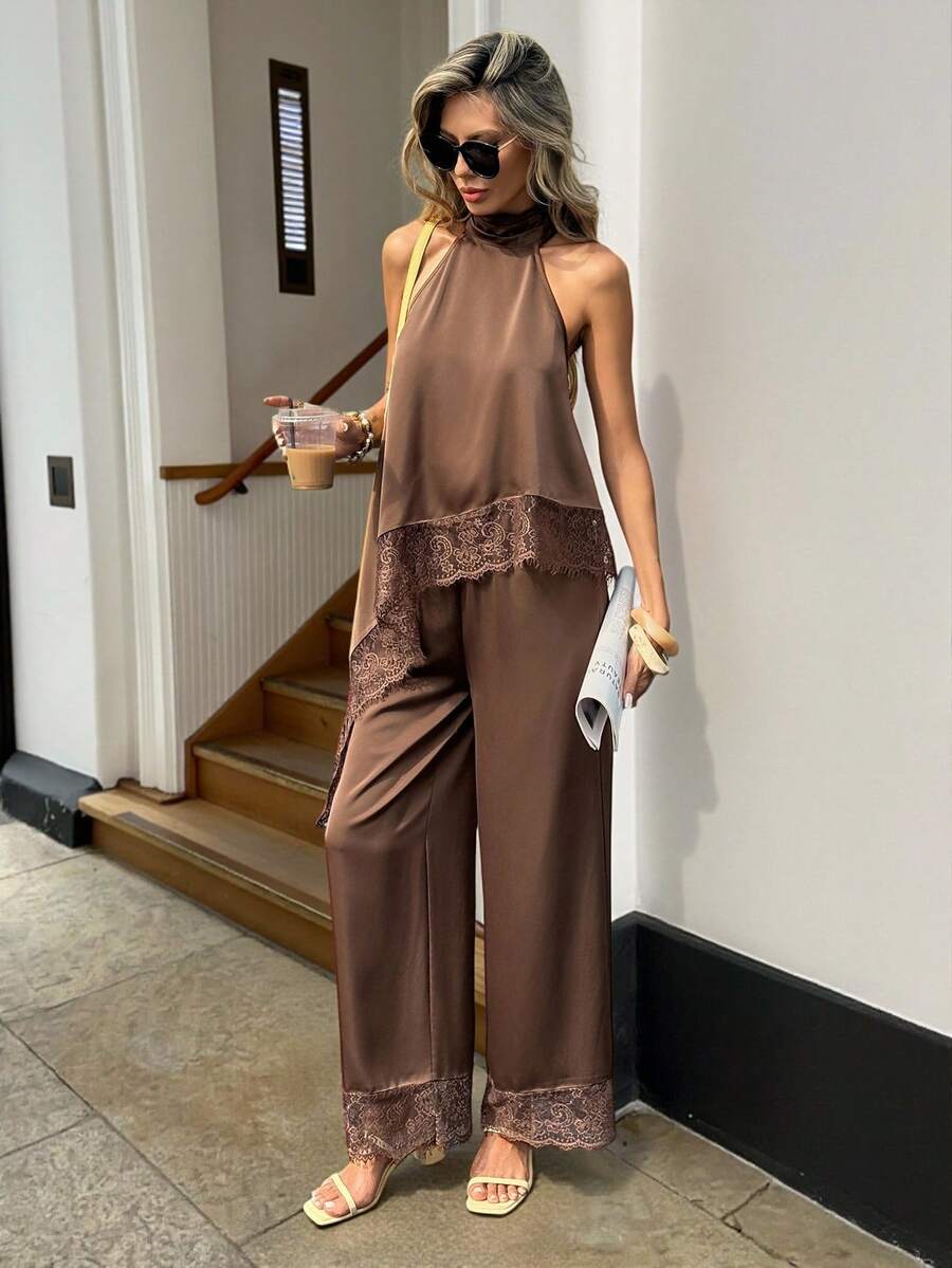 Siren Gaze Chic Halter Neck Sleeveless Top And Flowy Wide Leg Trousers Two Piece Ensemble Brown Fashion Set Boho Style Brown Satin Lace Trim Asymmetrical Top And Palazzo Pants Two Piece Set For Women Brown Two Piece Set Women 2 Piece Casual Sets Woman Women Summer 2 Pieces Sets Summer Outfits - Chocolate Brown - View 1