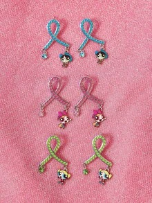 THE POWERPUFF GIRLS X SHEIN 1 Set Fashion Zinc Alloy Cartoon Pattern Printed Rhinestone Stud Earrings, Simple & Elegant, Suitable For Party, Concert, Festival - Platinum - View 6