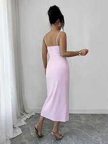 SHEIN Raffinéa 女士新款修身无袖心形领口收腰开衩下摆中长连衣裙 - 粉色 - 查看 2