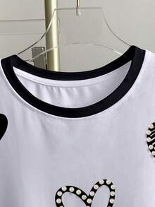 Resyla Women's Color Block Heart Print Round Neck Short Sleeve T-Shirt - White - View 3