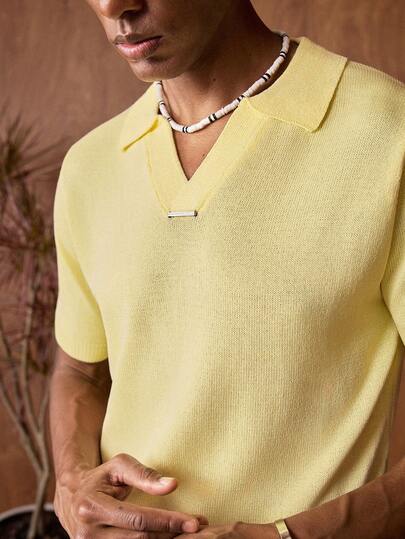 AKNOTIC Business Casual Men's Solid Color Polo Collar Short Sleeve Casual Knit Top