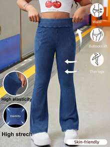 Tween Girls' Casual Elastic Waist Flare Leg Jeans - Medium Wash - View 8
