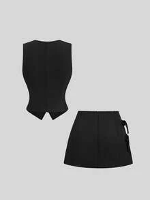 Sweetra Bộ trang phục công sở mùa xuân/hè dành cho nữ, áo không tay cổ chữ V tối giản + chân váy chữ A ngắn thắt nơ bên hông, màu đen, kiểu dáng thanh lịch cho mặc hàng ngày và đi làm. - màu đen - Xem 2