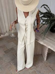 Livesso Damen elegantes ärmelloses, fließendes Top und lässige Hose Zweiteiler, geeignet für Sommer Urlaubs-Loungewear für Frauen - Beige - Übersicht 1