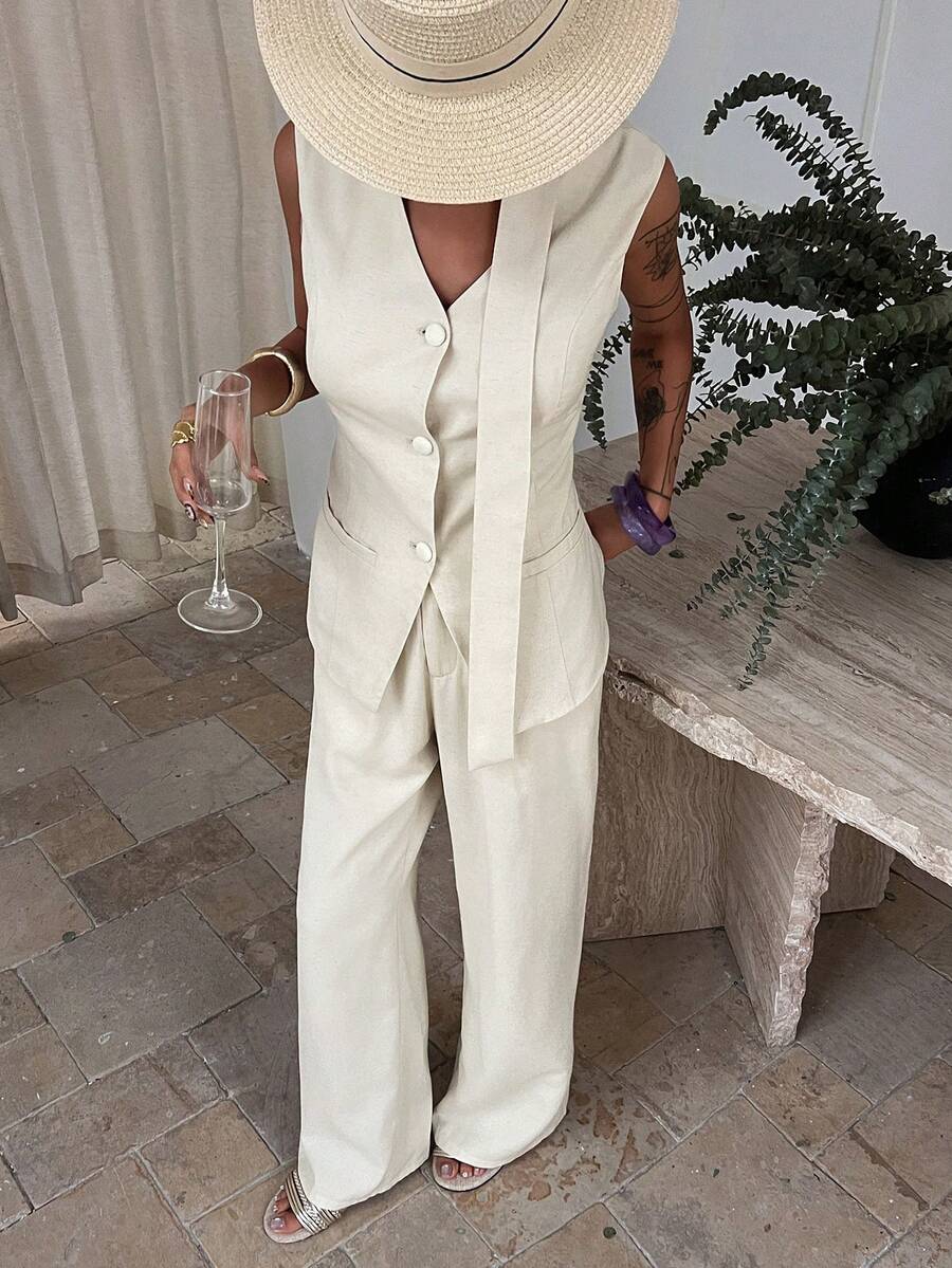 Livesso Damen elegantes ärmelloses, fließendes Top und lässige Hose Zweiteiler, geeignet für Sommer Urlaubs-Loungewear für Frauen - Beige - Übersicht 1