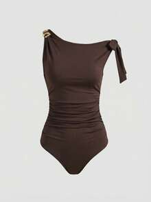 Pariaura 2026新款巧克力棕色单肩褶皱连体衣，女士修身无袖上衣，饰有金色链条和蝴蝶结，适合派对、夜店、度假、晚宴、约会等场合穿着。 - 巧克力棕 - 查看 7