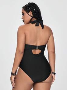 ROMWE 2026 New Plus Size One-Piece Gothic Style Steel Bra Sexy Swimsuit With Adjustable Straps, Summer - Black - View 3