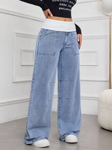 SHEIN Tall 春夏女式休闲日常通勤时尚街头撞色白色翻边腰宽松阔腿牛仔裤 - 中等水洗藍 - 查看 3