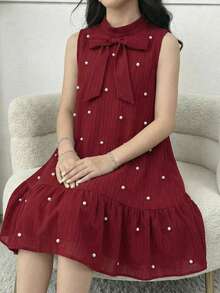 SHEIN Serisse Kids Girls Textured Fabric Beaded Bow Decor Mandarin Collar Sleeveless A-Line Dress, Tween Girl - Burgundy - View 10