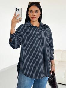 SHEIN Essnce Áo sơ mi nữ cỡ lớn thời trang thu đông, dáng rộng thoải mái, đa năng, tôn dáng, màu nâu kẻ sọc, cài nút, kiểu dáng đơn giản, thích hợp mặc hàng ngày và mặc đi làm. - Màu xanh hải quân - Xem 7