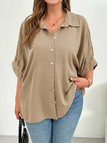 SHEIN Essnce 大码女装春夏时尚休闲宽松舒适日常百搭修身轻薄黑色纽扣衬衫，女士衬衫，工作上衣，教师衬衫，简约风格 - 杏色 - 查看 4