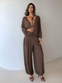 Aloruh Women's Elegant Sexy Fashionable High-End Romantic Date Beach Vacation Sheer Deep V Waist Tie Long Sleeve Mesh Lantern Jumpsuit, Spring/Summer - Brown - View 7