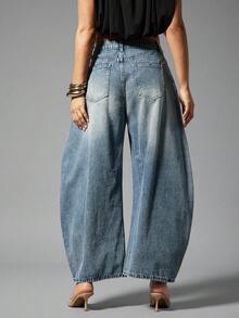 Denimoi 女士口袋喇叭休闲宽松牛仔裤 - 藍色 - 查看 5