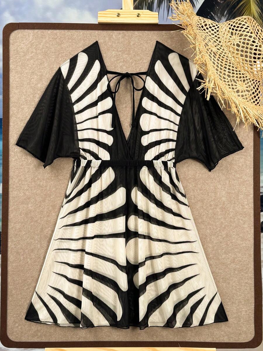 Swim Chiccia 2026新款黑色底白色贝壳印花半透明针织网纱罩衫，深V领露背设计，弹性腰身，优雅性感沙滩度假泳装罩衫，女士 - 彩色 - 查看 1