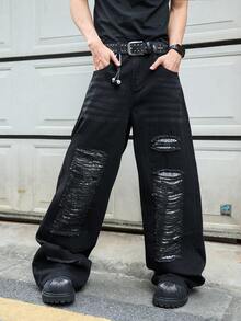 Manfinity EMRG Black Washed Sequin Patchwork Ripped Loose Wide-Leg Jeans - Black - View 3