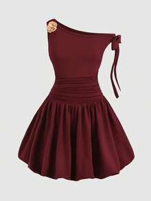 SHEIN Tween Girls' Asymmetric Waist Tie Floral Ruffle Hem Snug Fit Dress - Burgundy - View 2