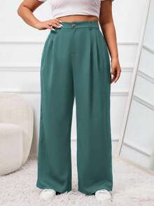 SHEIN PETITE CURVE 大码纯色前扣简约休闲西装裤，适合毕业季、返校季、教师装等场合，秋冬季日常通勤穿着皆宜。 - 水鴨藍 - 查看 3