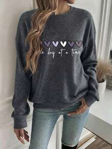 EMERY ROSE Plus Size Heart & Letter Graphic Casual Faux Knit Sweatshirt - Dark Grey - View 1