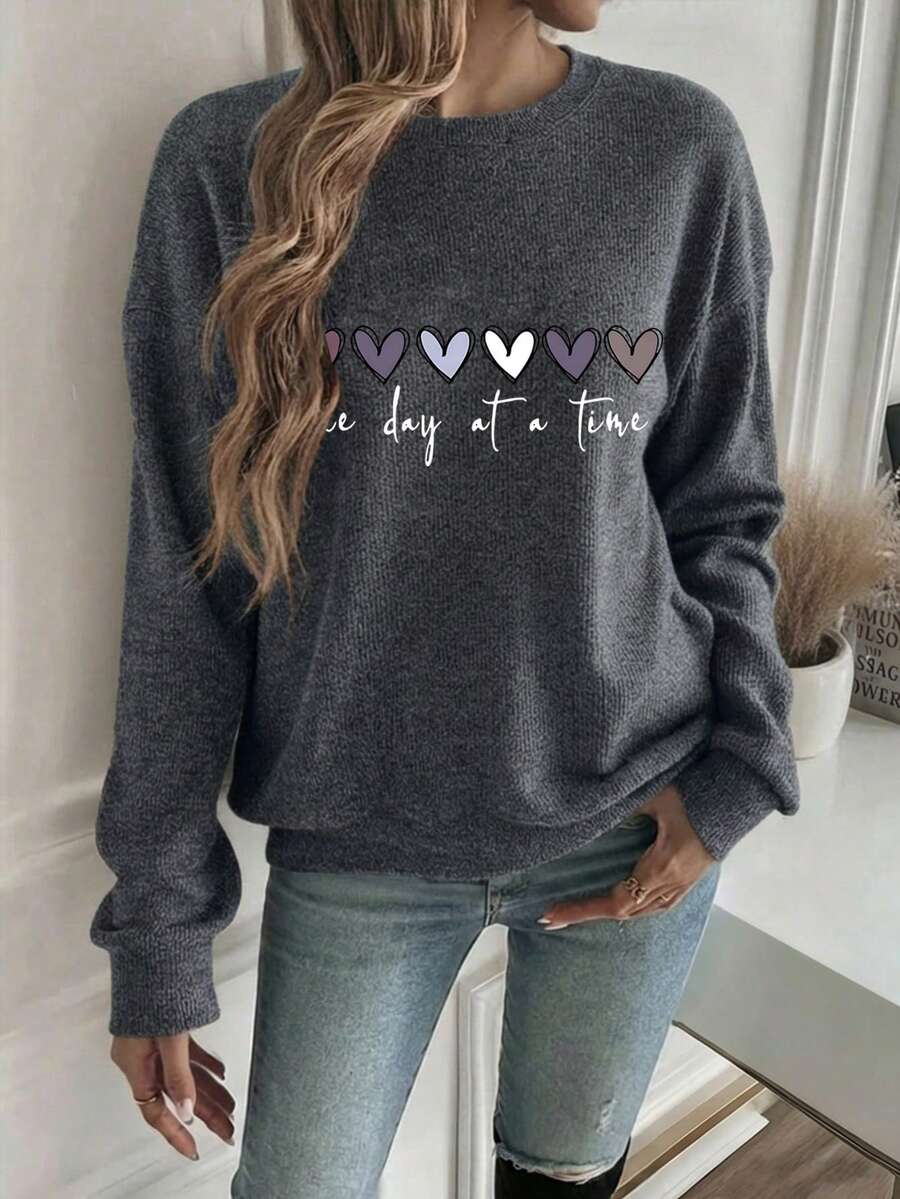 EMERY ROSE Plus Size Heart & Letter Graphic Casual Faux Knit Sweatshirt - Dark Grey - View 1
