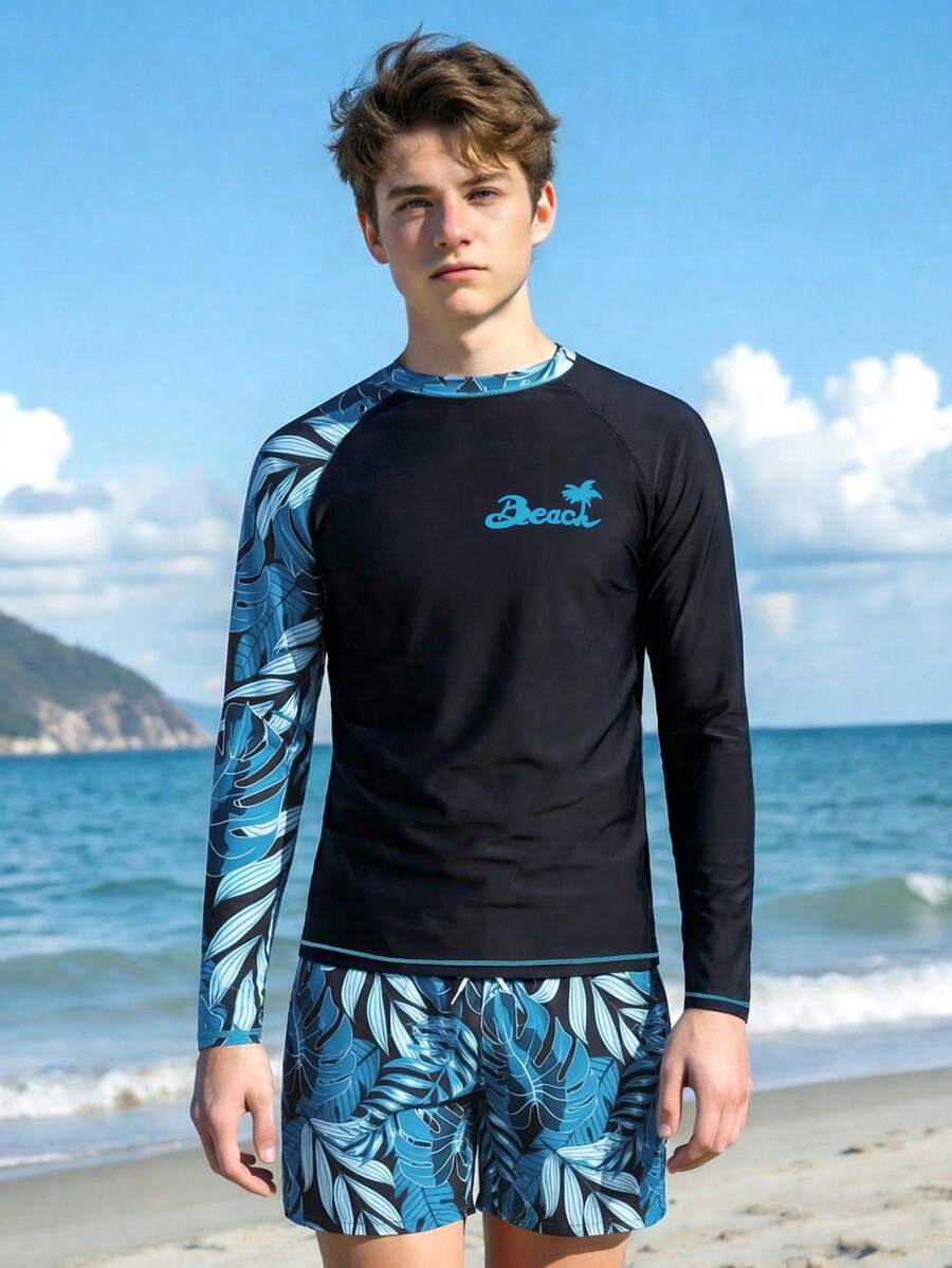 SHEIN 青少年（男童）泳装，时尚印花长袖防晒衣 - 黑色 - 查看 1