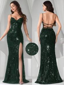 Coutiva Lace & Sequin Criss-Cross Backless Mermaid Slit Formal Dress - Dark Green - View 1