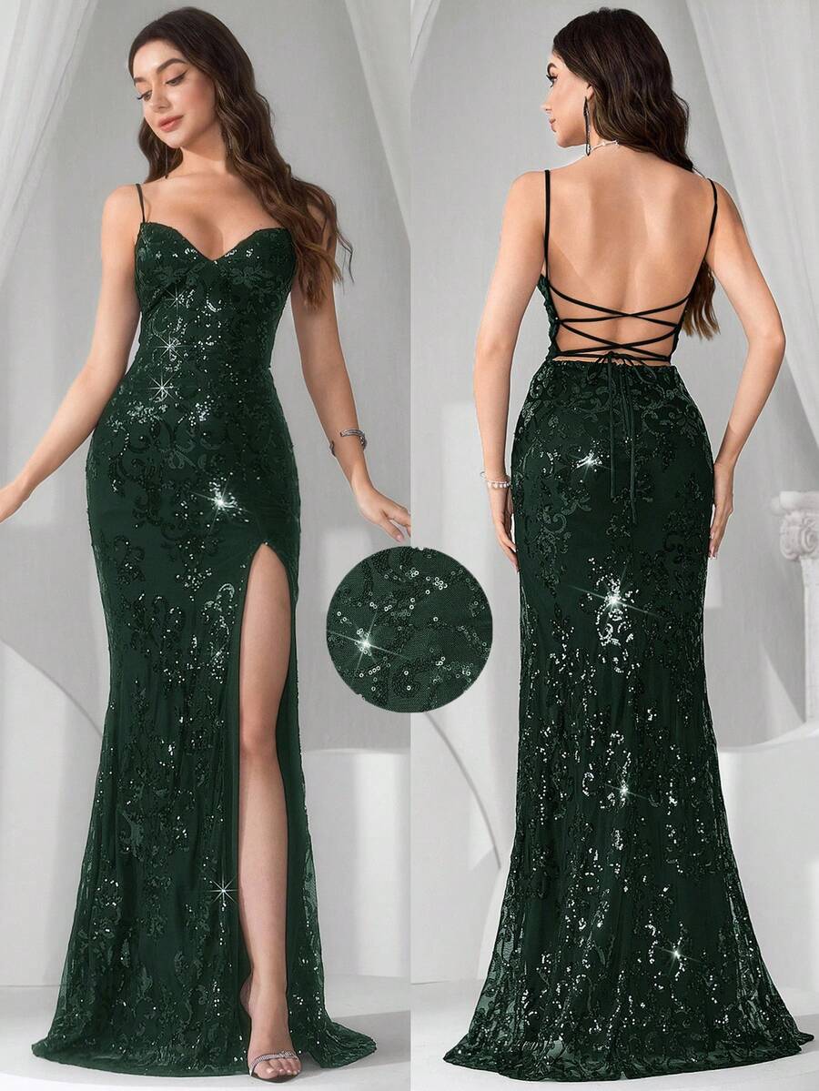 Coutiva Lace & Sequin Criss-Cross Backless Mermaid Slit Formal Dress - Dark Green - View 1