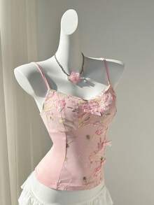 Elamini Áo hai dây nữ màu vàng phối bèo nhún cổ chữ V, eo thắt, thanh lịch, lãng mạn, cổ điển, phù hợp cho kỳ nghỉ xuân/hè, mặc thường ngày, hẹn hò, mua sắm. - Hồng - Xem 3