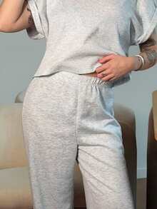 Abrilcols Grey Knitted Women Home Set, Simple Fashionable Casual Daily Top & Pants - Grey - View 5