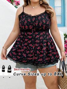 SHEIN CURVE+ Curve 尺码 US22 音乐节、海滨度假、波西米亚风女士玫瑰花卉蕾丝拼接吊带背心，浪漫度假约会之选 - 黑色 - 查看 3