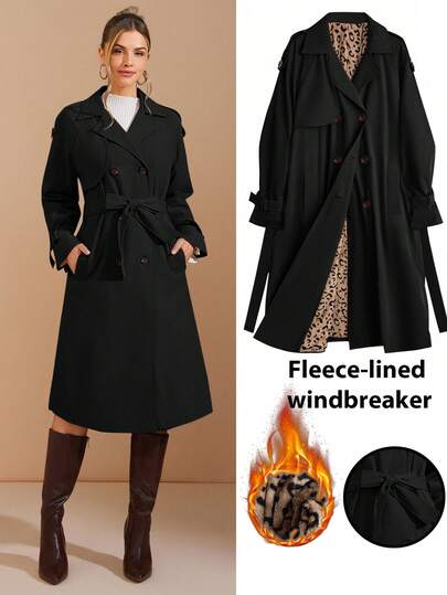 Amorya Abrigo de trinchera con forro térmico y estampado de leopardo elegante y vintage para mujer, adecuado para el uso diario y múltiples ocasiones, abrigo de trinchera de otoño para mujer, abrigos para mujer en invierno, vestido de invierno para mujer, cortavientos con forro térmico de talla grande, ropa de invierno de talla grande, abrigo de invierno para mujer de talla grande