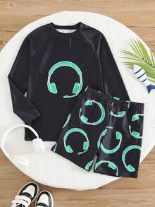 SHEIN Tween Boy Casual Fitted Video Game Glow-In-The-Dark Print Tankini 2 Pieces Swimsuit Set, Suitable For Spring/Summer, Beach Vacation - Black - View 5