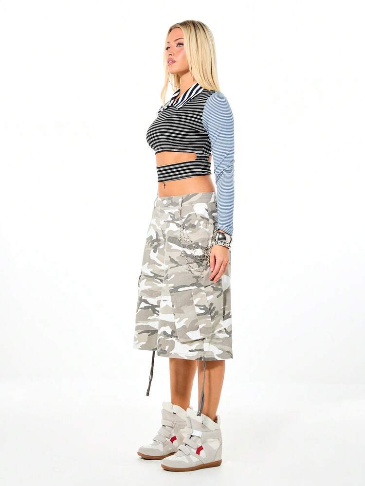 SUMWON Cropped Cut Out Detail Contrast Stripe Long Sleeve Polo Shirt With Collared Neckline And Fitted Waist Band Design