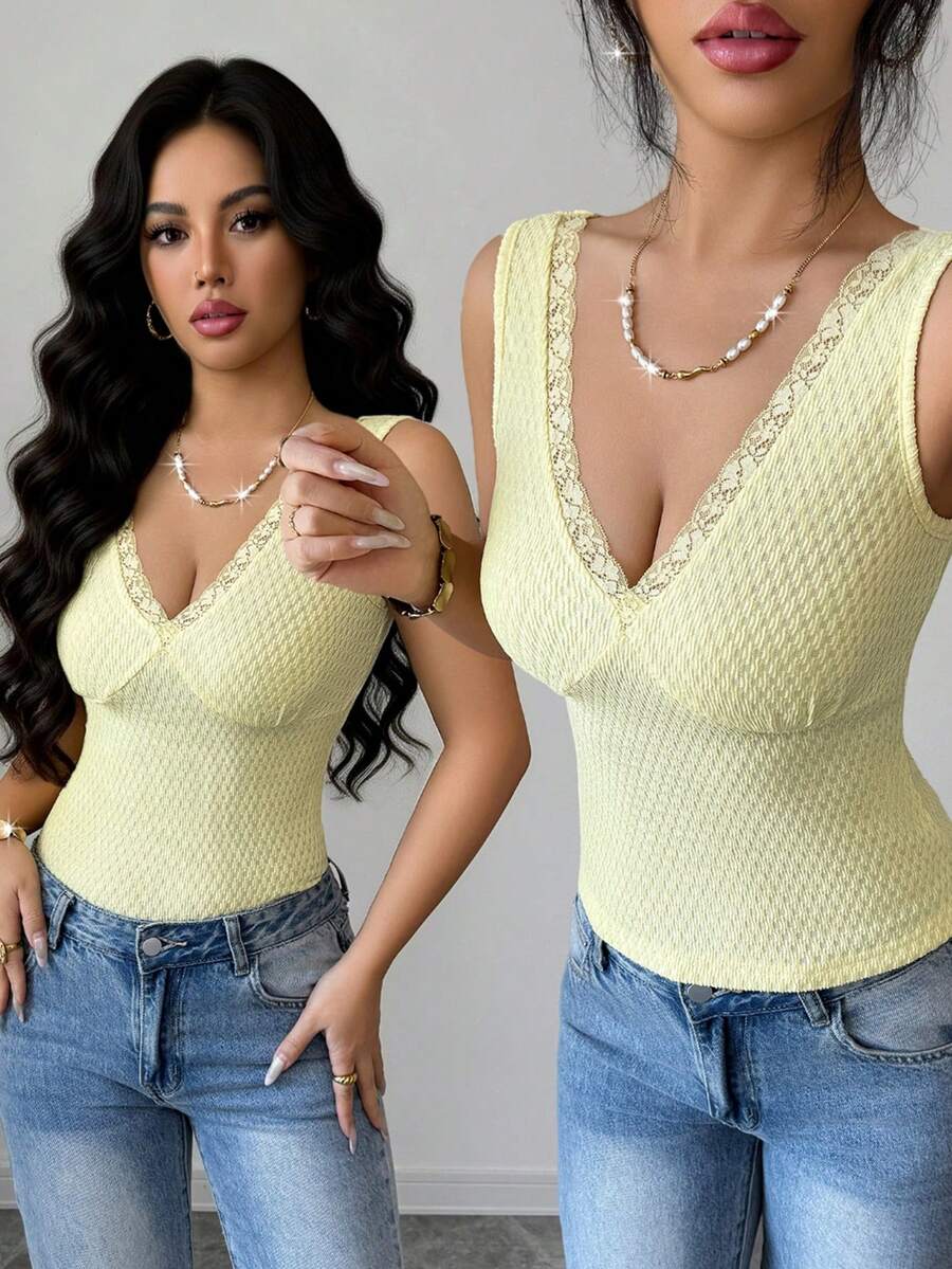 Rafferiza Débardeur élégant, délicat et sexy pour sortie en extérieur, en tricot texturé avec patchwork en dentelle, de couleur jaune clair, pour le printemps/été - Jaune citron - Voir 1
