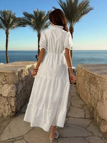 EURMUSE White Eyelet Embroidered Short Puff Sleeve Long Dress With Ruffle Hem - White - View 5