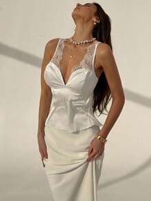 Aloruh Sexy Black Satin Contrast Lace Camisole For Women,Summer Top - White - View 8