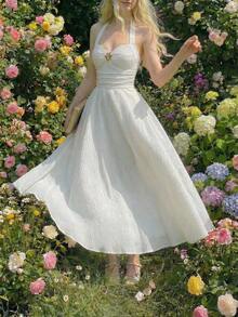 SHEIN MOD 大码女式提花面料露背吊带连衣裙 - 杏色 - 查看 9