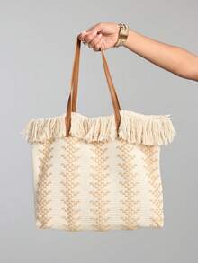 ROMWE Kawaii حقيبة كتف خفيفة الوزن من القش المزين بالخيوط، حقيبة كتف أنيقة صيفية فاخرة ، سعة كبيرة للسيدات والفتيات المراهقات والطالبات الجامعيات والعاملات المكتبيات البيضاء ، مثالية للعمل والعودة إلى المدرسة للمرحلتين الإعدادية والثانوية والكلية والرحلات - بيج - مشاهدة 6