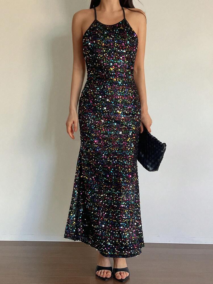 Women's Sexy Colorful Sequin Decor Backless Camisole Dress