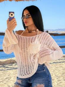 SHEIN Women's Lightweight Open Knit Long Sleeve Sweater With Vertical Rib Texture And Chest Pocket, Breathable Summer Layering Top For European Casual Style - White - View 3