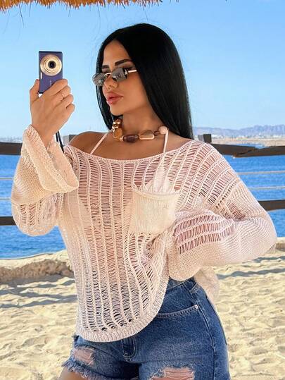SHEIN Women's Lightweight Open Knit Long Sleeve Sweater With Vertical Rib Texture And Chest Pocket, Breathable Summer Layering Top For European Casual Style
