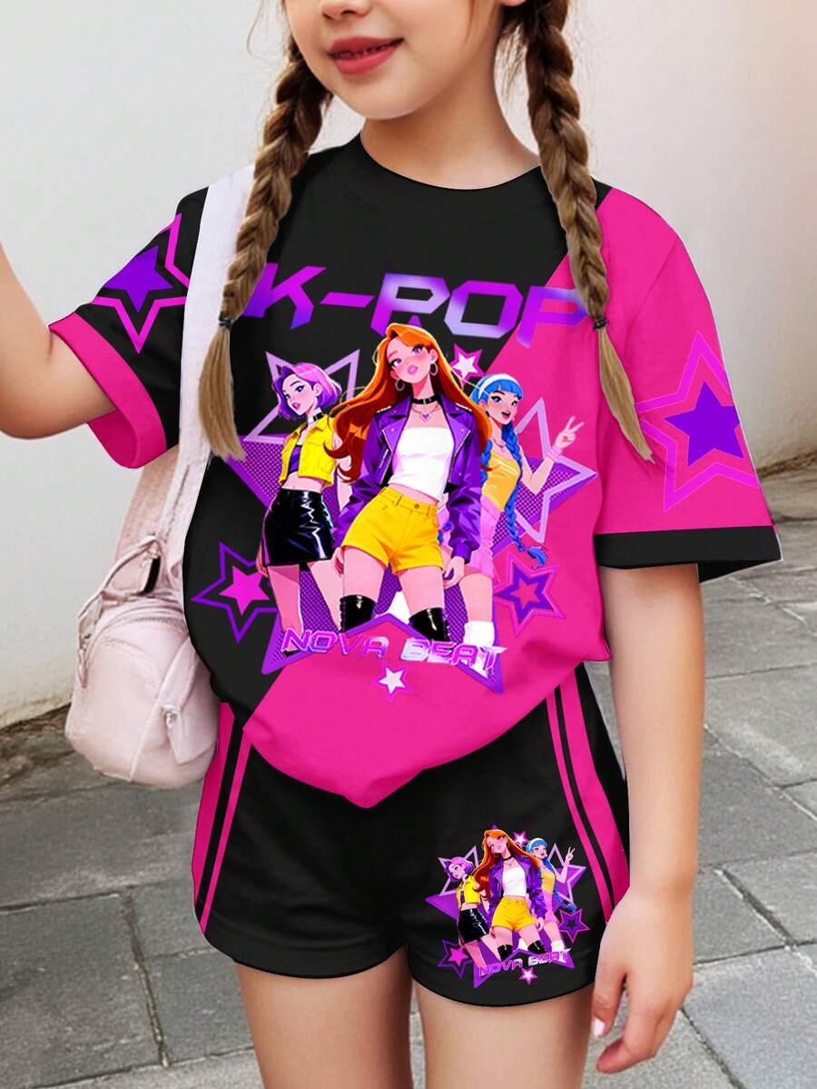 Trở lại trường học, Cô bé hoạt hình, Phong cách thể thao phối màu hồng và đen, Ngôi sao K-Pop, Thư giãn, Không khí mùa xuân, Bộ đồ đôi mẹ con/bạn thân, Bộ 2 món áo tay ngắn và quần short rộng rãi thoải mái cho bé gái tuổi teen mùa hè, Phong cách Hàn Quốc, Lễ hội chào đón năm học mới - trắng - Xem 1