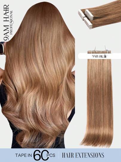 60pcs Tape In Hair Extensions 100% Human Hair #M4/27 Meddle Brown Highlighted Light Brown Straight Style In 14-22 Inch Lengths Extensions Silky Seamless Invisible Top Quality Thick Ends Healthy Human Hair Extensions For Thin Hair And Salon Use And For All Women/Girls Daily Use