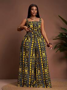 Veslaya 2026早春新款加大码女装，适合音乐节、复活节、西部风、游牧风格等场合，包括生日派对、毕业典礼、节日庆典、优雅宴会、舞会、日常通勤和休闲穿着。套装包含宽肩带几何印花露脐上衣和阔腿裤。 - 黃色 - 查看 4