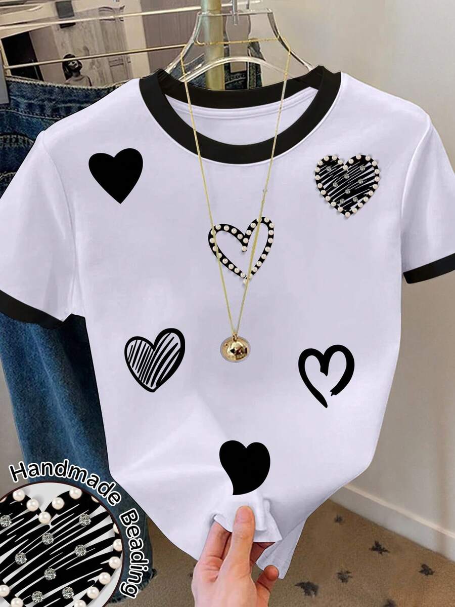 Resyla Women's Color Block Heart Print Round Neck Short Sleeve T-Shirt - White - View 1
