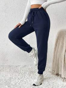 EURMUSE Solid Drawstring Waist Black Sweatpants - Navy Blue - View 4