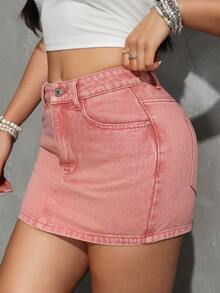 SHEIN PETITE 女士休闲日常通勤时尚街头紧身包臀迷你牛仔裙，夏季 - 淺粉色 - 查看 3