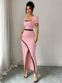 Rafferiza New Stylish European & American Square Neck Short Sleeve Slit Waist Fitted Bodycon Dress For Women - Baby Pink - View 5